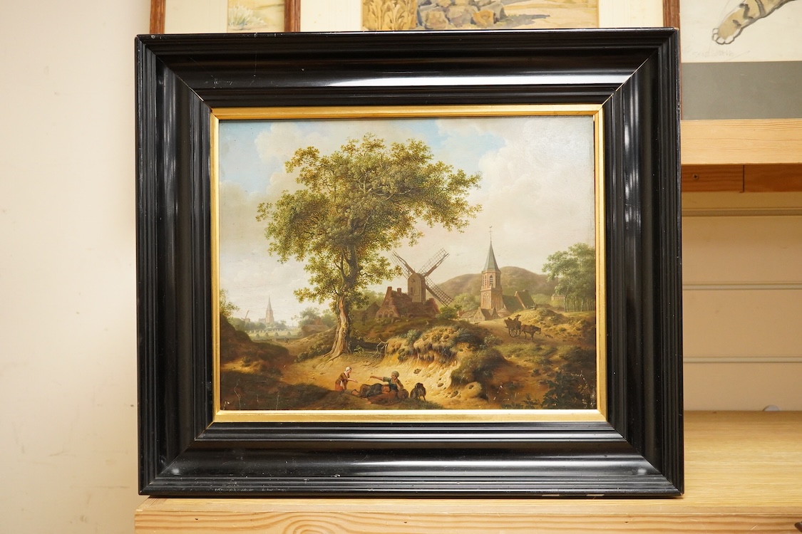 Continental School, 19th century, Landscape with figures before a windmill, oil on panel, housed in a moulded ebonised frame, 28 x 37cm